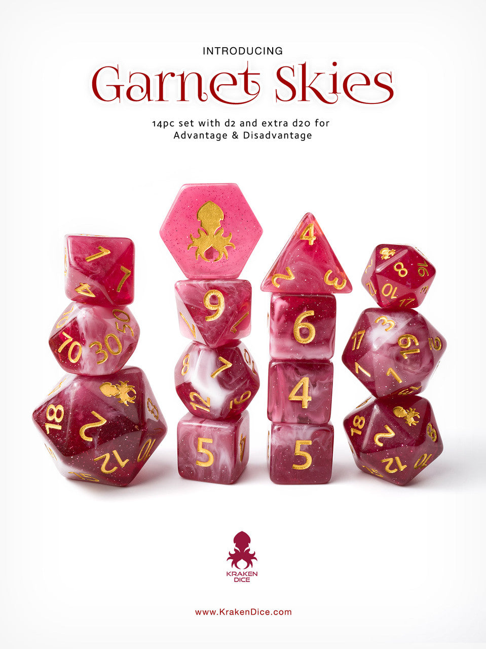 Garnet Skies 14pc Dice Set Inked in Gold
